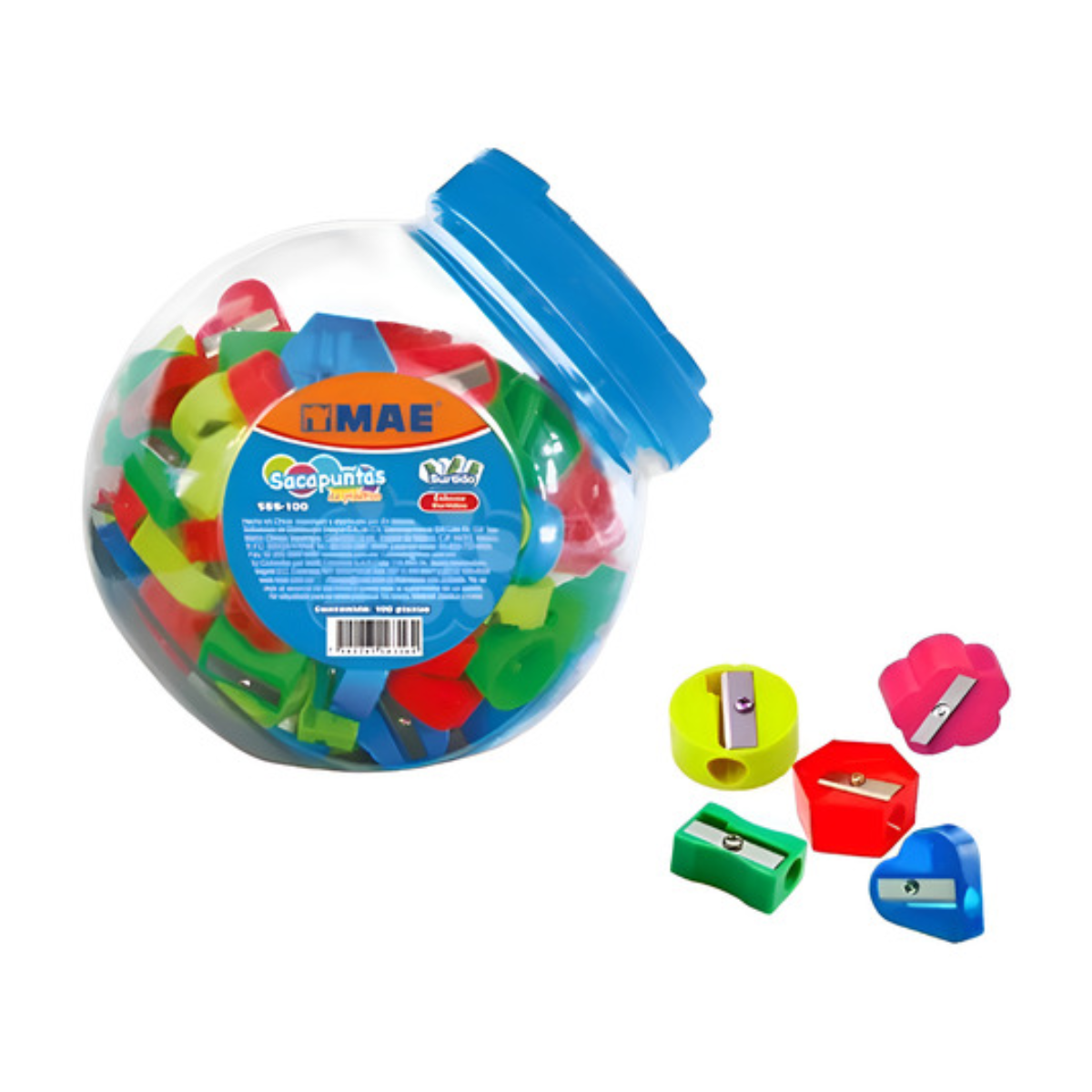 100 Sacapuntas Plastico Mae Colores Figuras Surtidas Escolar