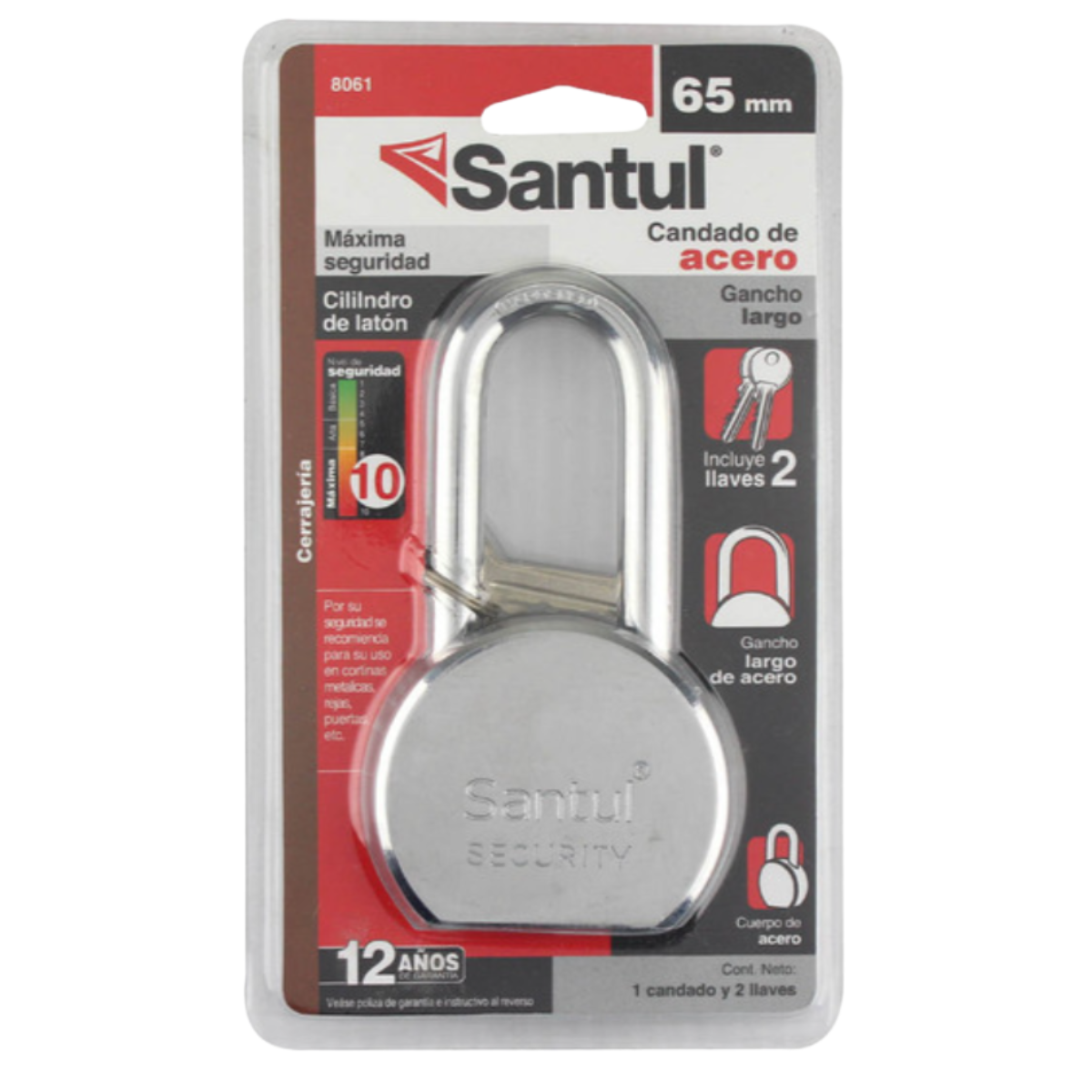 Candado Acero 65mm Máx Seguridad y Llave Tradicional Gancho Largo Santul 8061