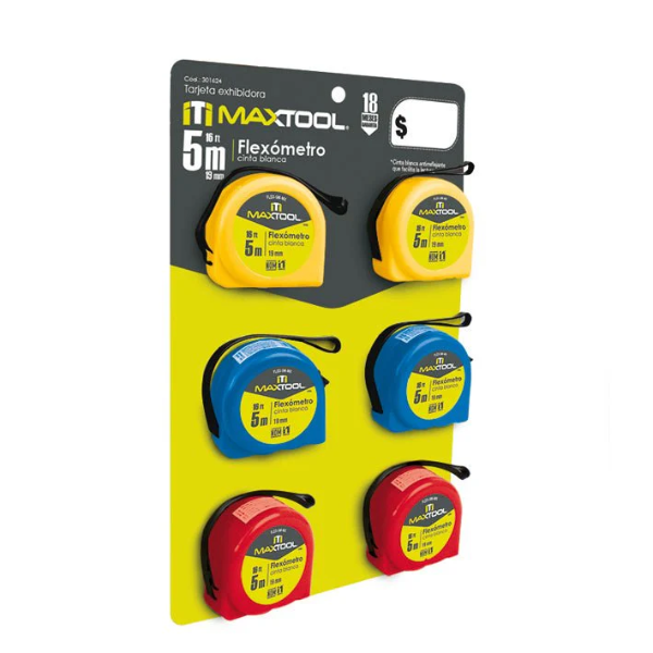 Flexometro de 5 mts en tarjeta de 6 pzs Maxtool