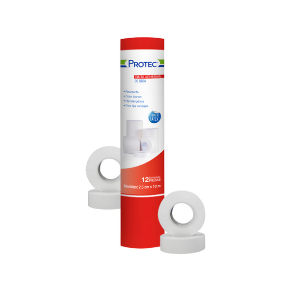 Tela Adhesiva de Acetato Protec 2.5 cm x 10 m – Tubo con 12 Rollos Hipoalergénicos