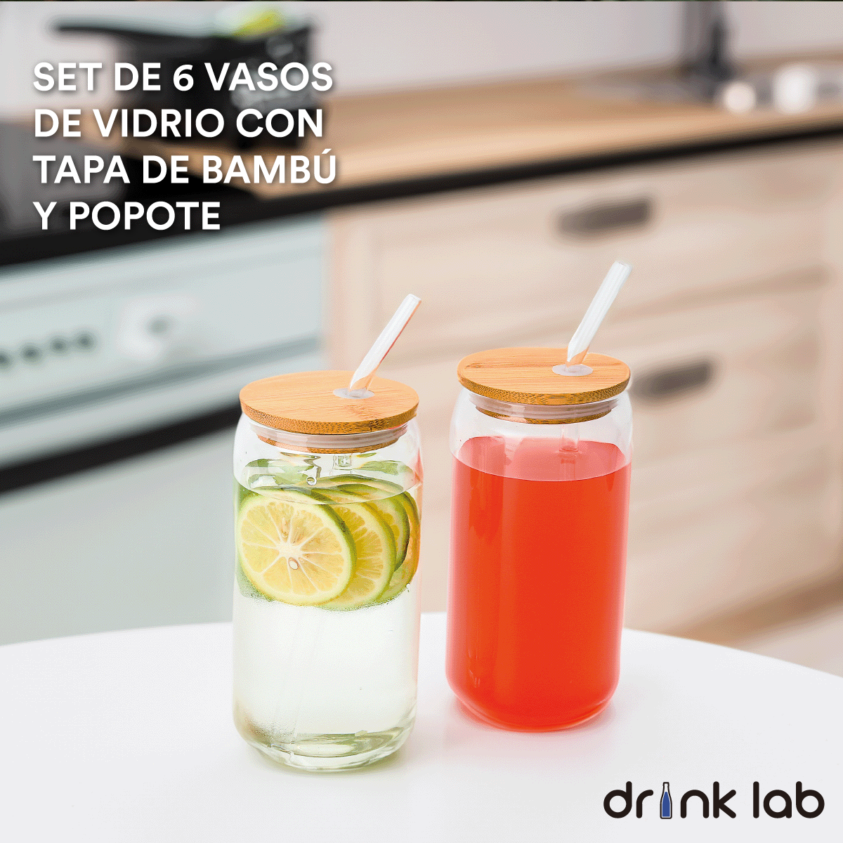 6 Vasos Vidrio Tipo Lata Tapa Bambu Popote 500ml Drink Lab