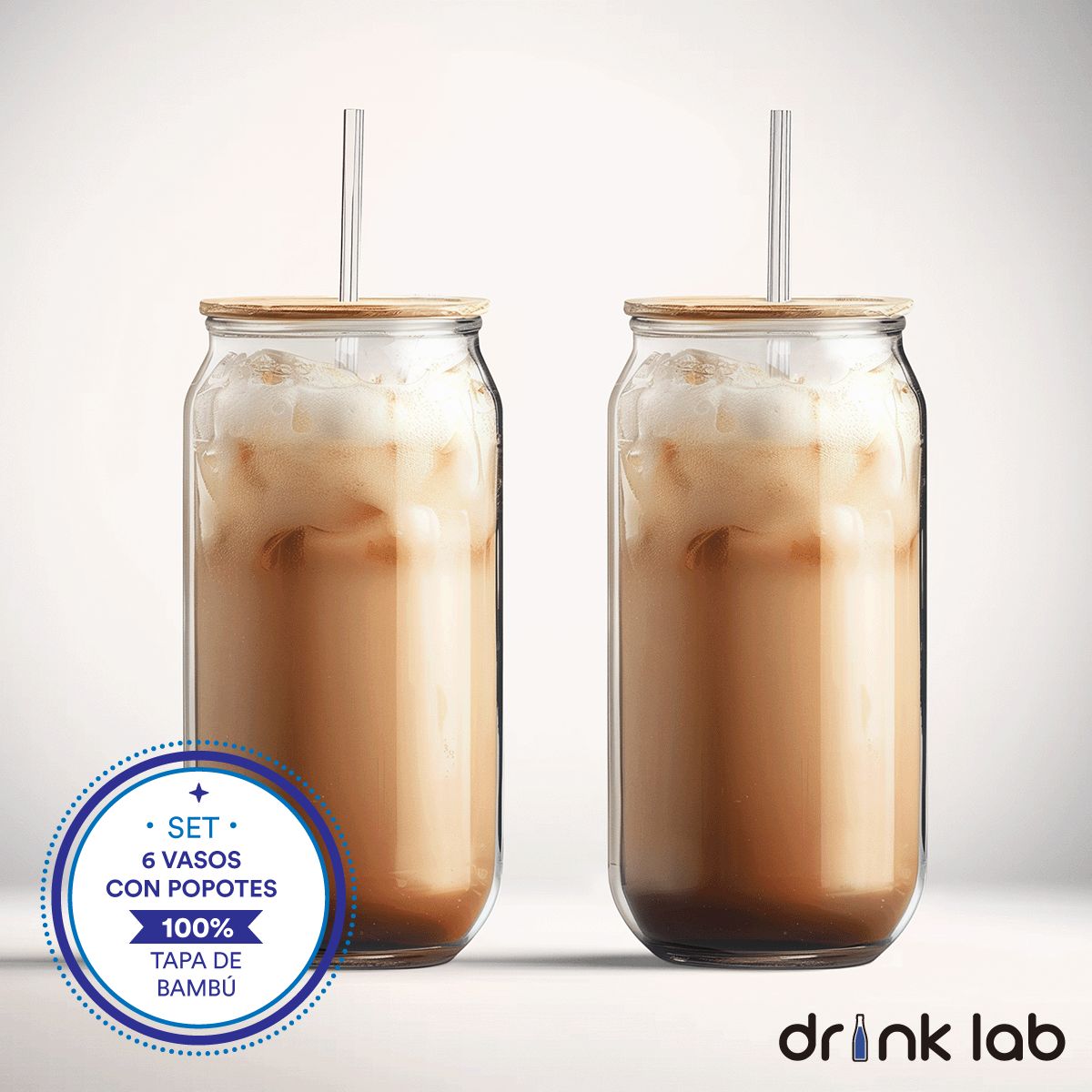6 Vasos Vidrio Tipo Lata Tapa Bambu Popote 500ml Drink Lab