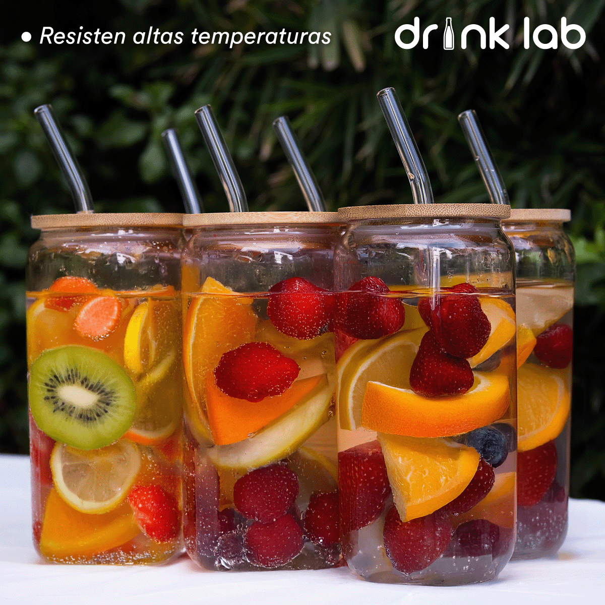 6 Vasos Vidrio Tipo Lata Tapa Bambu Popote 500ml Drink Lab