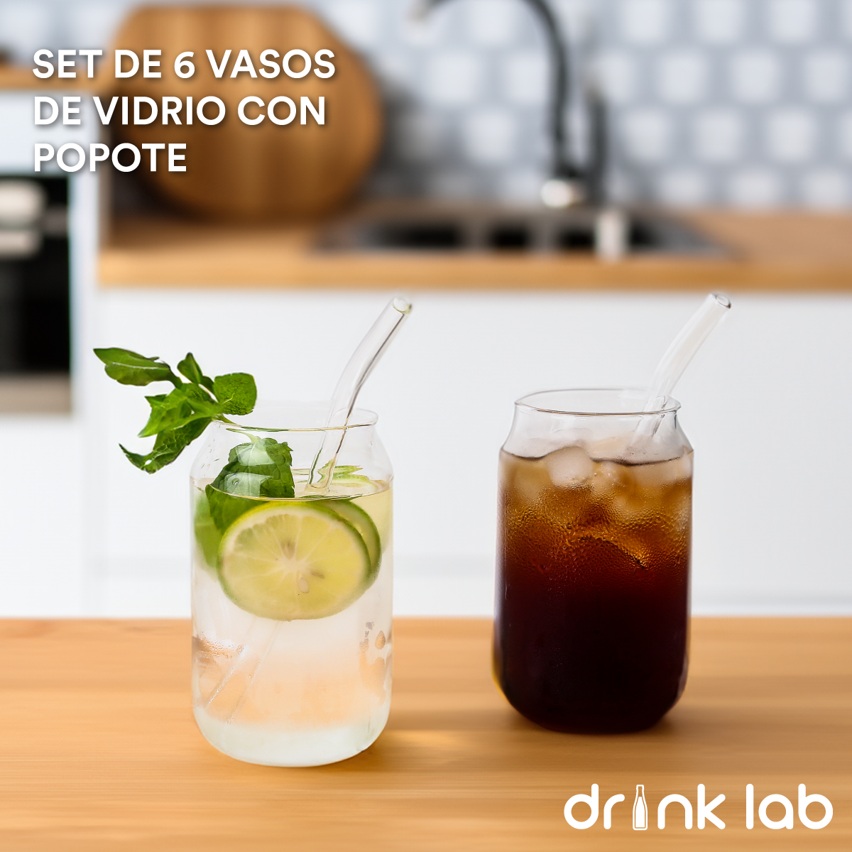 Set 6 Vasos Vidrio Tipo Lata Popote 400ml Hogar Cristal