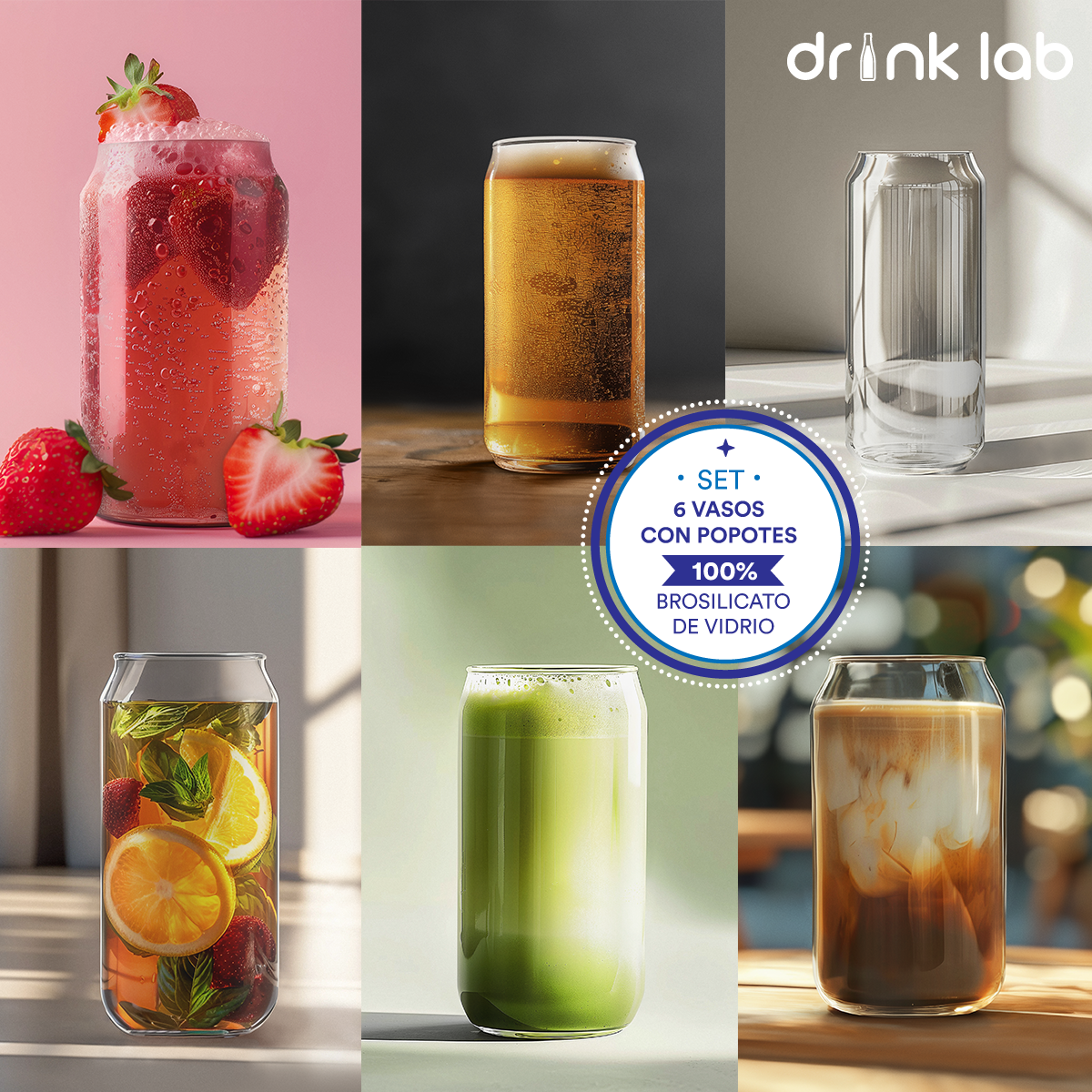 Set 6 Vasos Vidrio Tipo Lata Popote 400ml Hogar Cristal