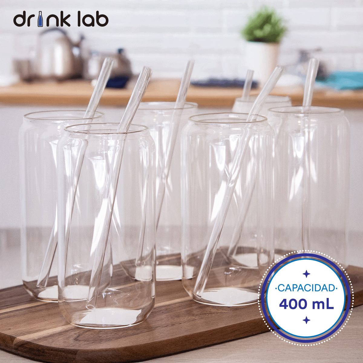 Set 6 Vasos Vidrio Tipo Lata Popote 400ml Hogar Cristal