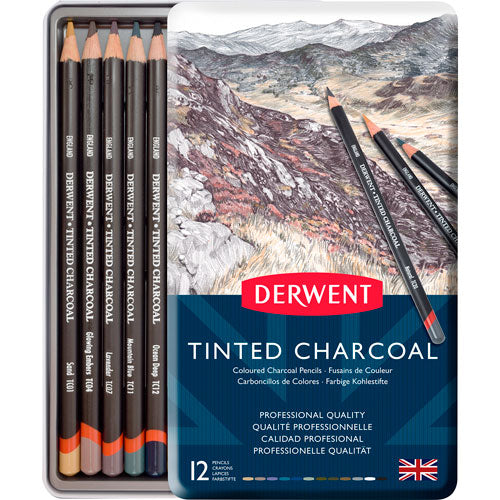Lápices de Colores Dibujo Tinted Charcoal Derwent Caja 12 Piezas