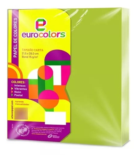 100 Hojas Colores Tamaño Carta Eurocolors Color Verde