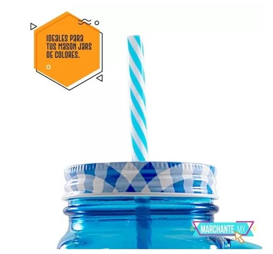 12 Tapas Y Popotes Para Mason Jar Con Hoyito Tipo Mantel Azul - MarchanteMX