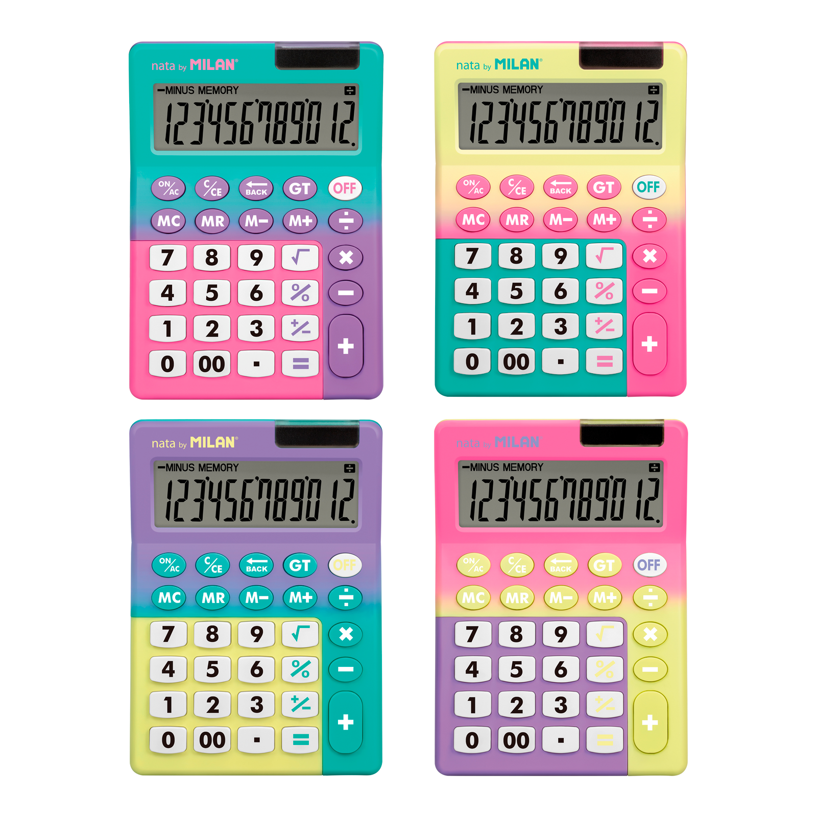 Milan - Caja Exhibidor Con 6 Calculadoras De 12 Digitos Serie Sunset