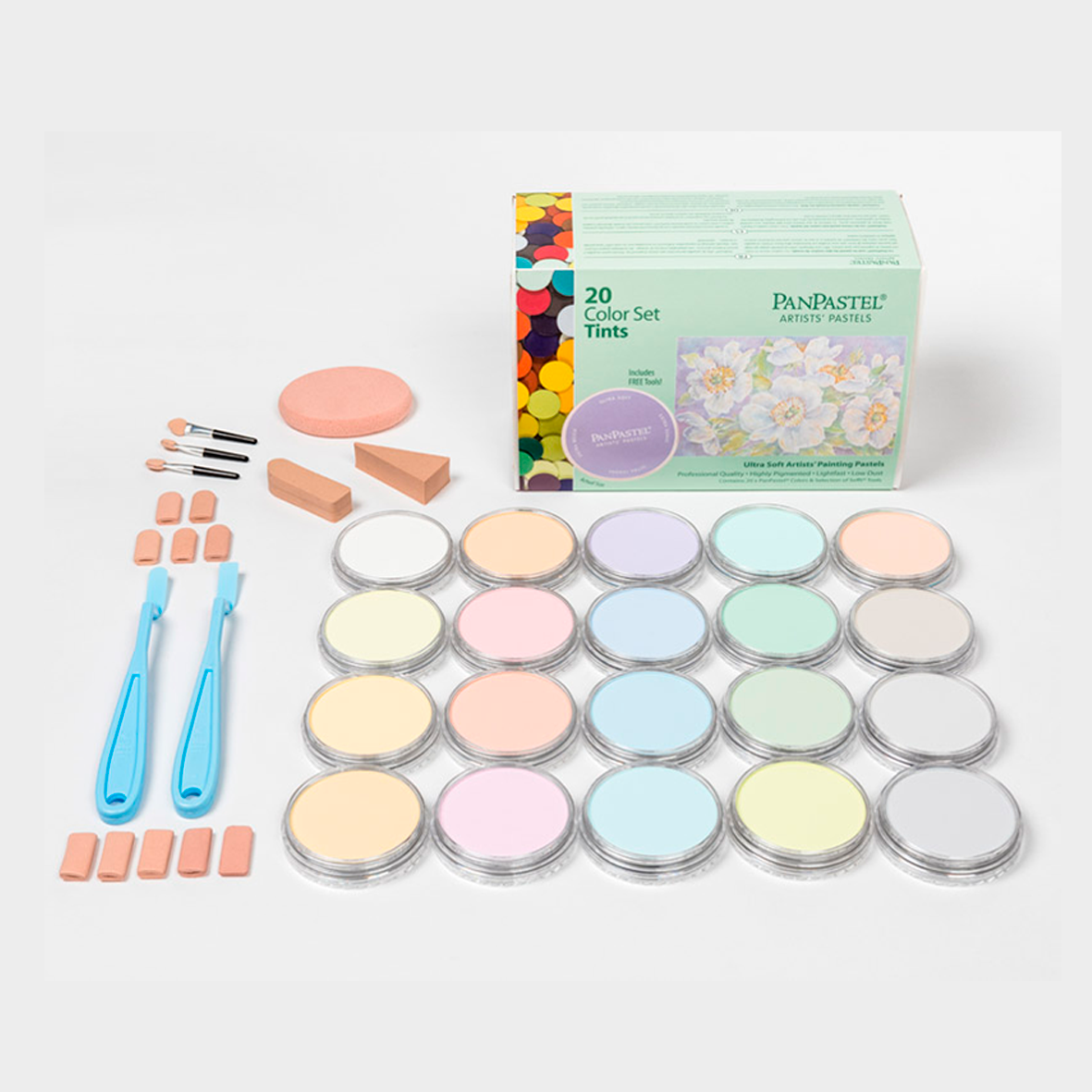 PANPASTEL - SET CON 20 PIEZAS DE PANPASTEL TONOS CLAROS+ACCESORIOS #30204