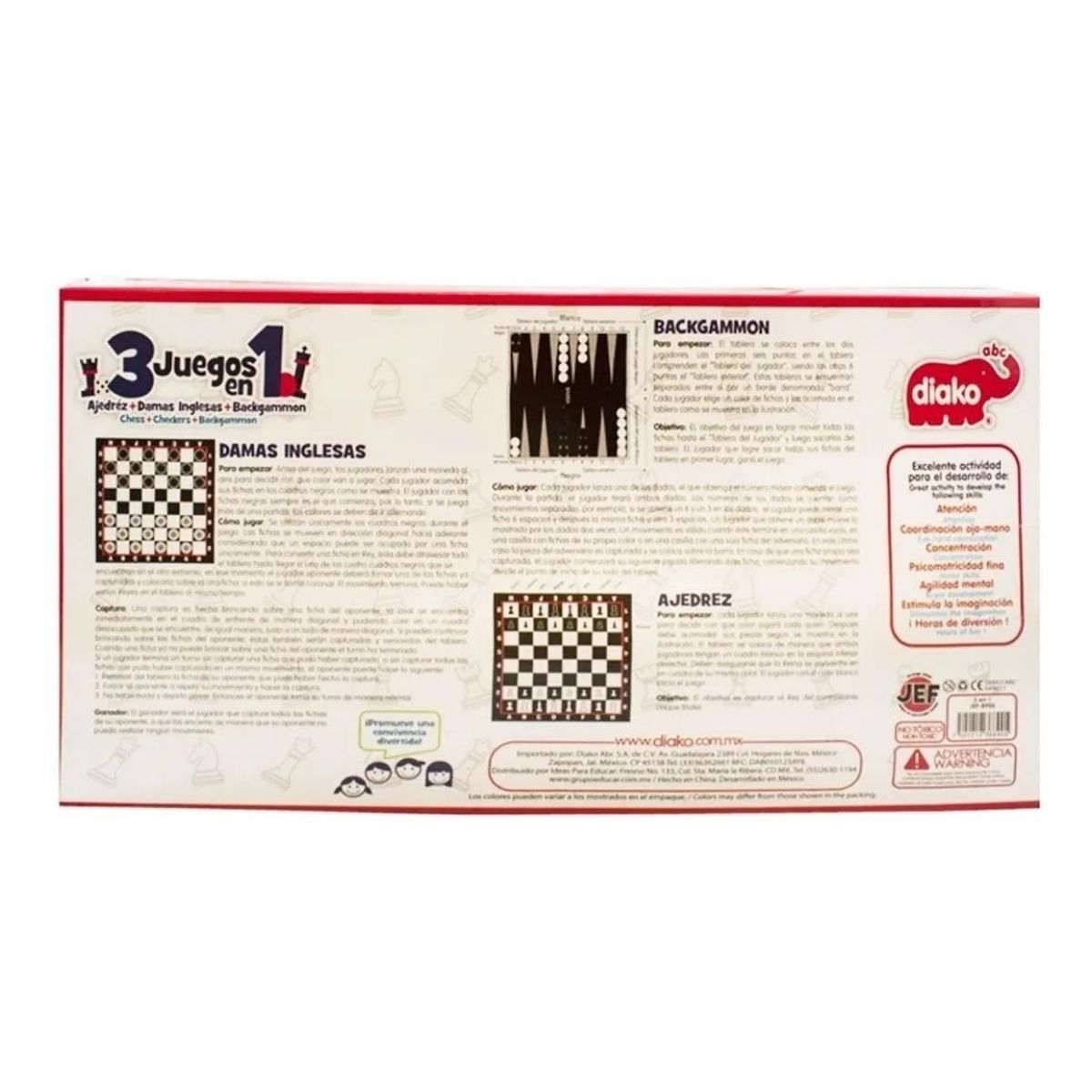 3 En 1 Juego Mesa Ajedrez Damas Backgammon Diako Didáctico