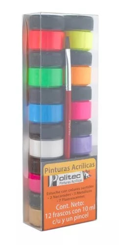 Kit Pinturas Acrílicas Politec 12 Colores Neón Y Metálicos 10 Ml C/u y Pincel