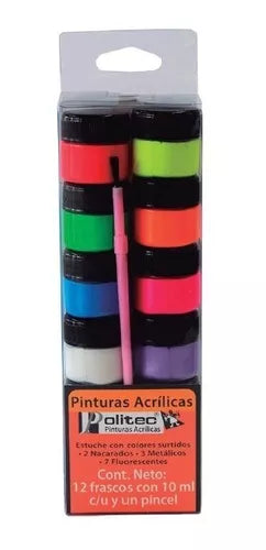 Kit Pinturas Acrílicas Politec 12 Colores Neón Y Metálicos 10 Ml C/u y Pincel