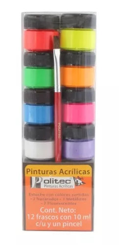 Kit Pinturas Acrílicas Politec 12 Colores Neón Y Metálicos 10 Ml C/u y Pincel