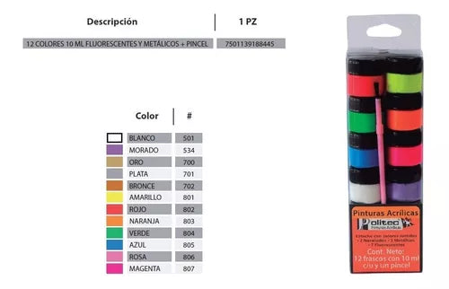 Kit Pinturas Acrílicas Politec 12 Colores Neón Y Metálicos 10 Ml C/u y Pincel