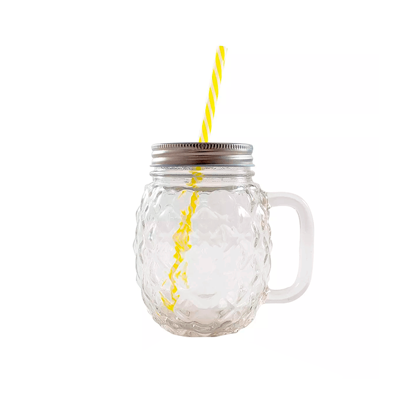 Frasco Mason Jar Piña Transparente c/Asa 12oz con Tapa y Popote (350 ml) - MarchanteMX