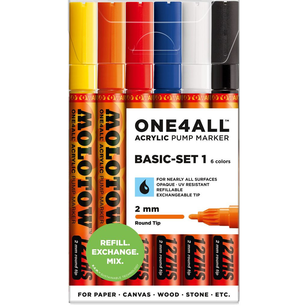 MOLOTOW -SET BÁSICO N¬∞ 1 CON 6 MARCADORES ACRÍLICOS ONE4ALL 127HS PUNTA REDONDA 2 MM