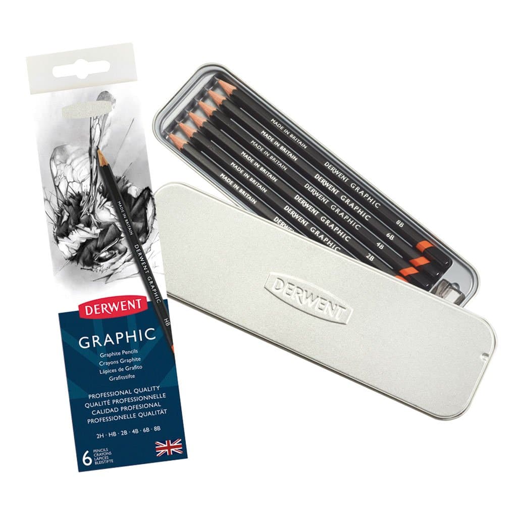 DERWENT - Caja metálica con 6 lápices de grafito suave + sacapuntas