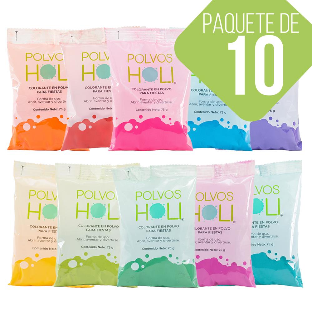 Paquete de 10 unidades de colores en polvo Holi de 1 lb Cada paquete  contiene los colores: rojo, amarillo, azul marino, verde, naranja, púrpura,  rosa