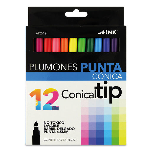 12 Plumones Punta Conica A-ink 4.5mm Colores
