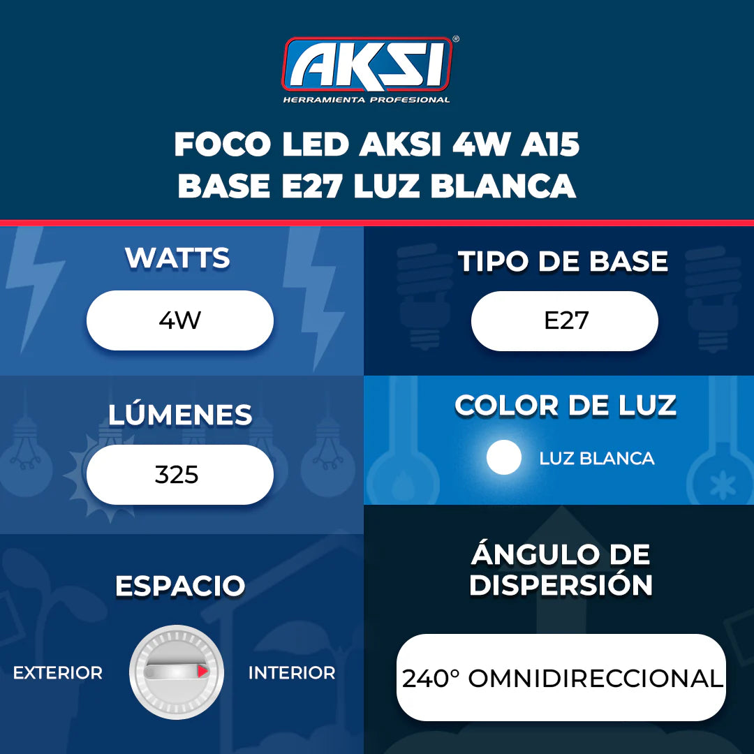 Foco LED A15 4W Aksi Luz Blanca Base E27