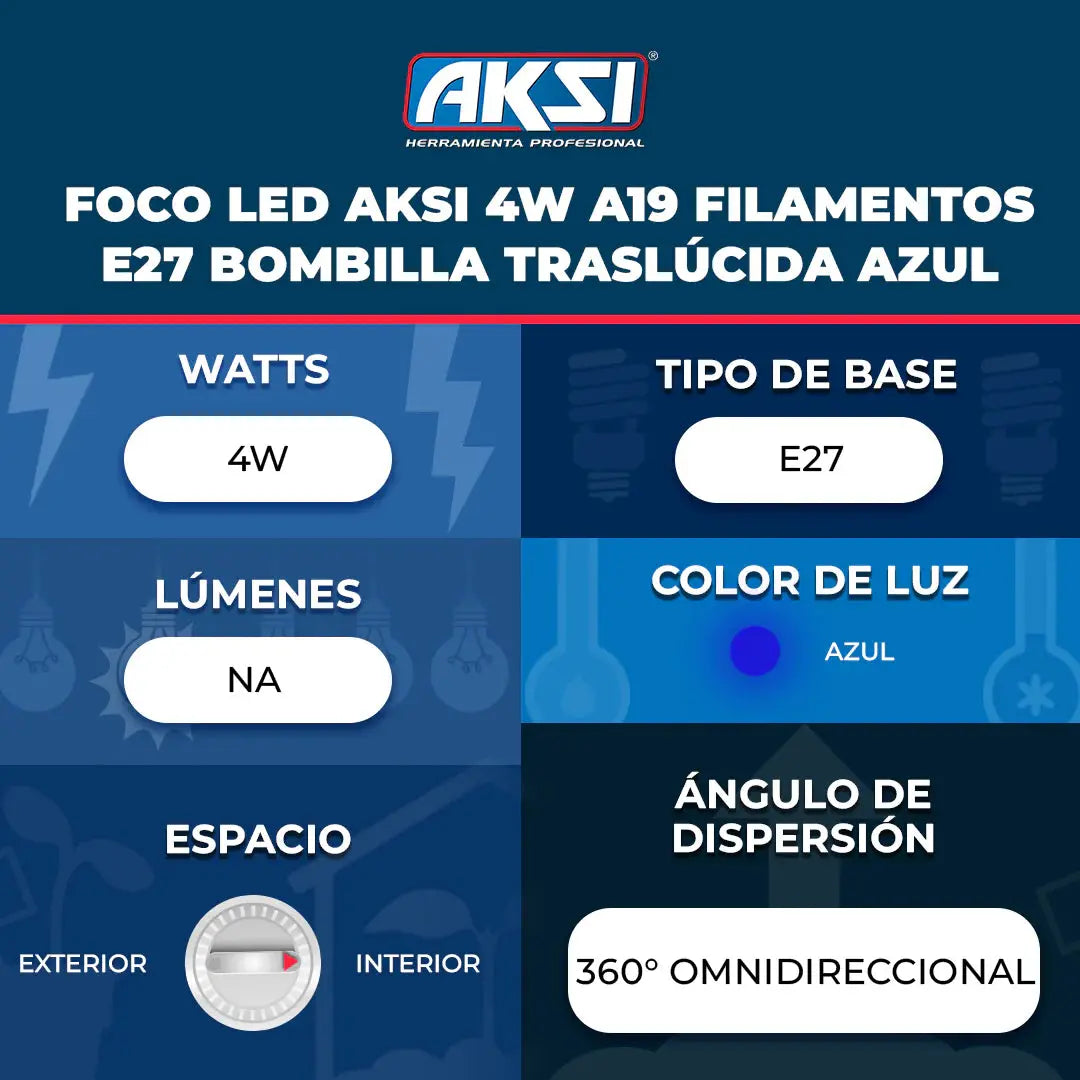 Foco LED Aksi Filamento A19 Azul Base E27 127V Ilumina 40W Consume 4W - Marchante MX