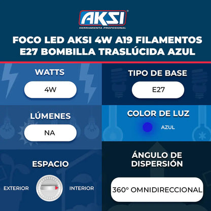 Foco LED Aksi Filamento A19 Azul Base E27 127V Ilumina 40W Consume 4W - Marchante MX