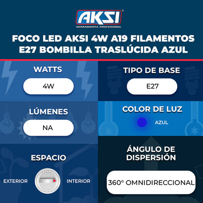 6 piezas Foco LED Aksi Filamento A19 Azul Base E27 127V