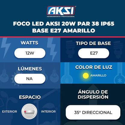 Foco LED Aksi Par38 IP65 20W Amarillo Direccional E27 - Marchante MX