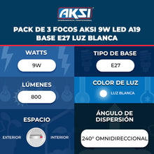 Pack 3 Focos LED Aksi A19 Luz Blanca 9W