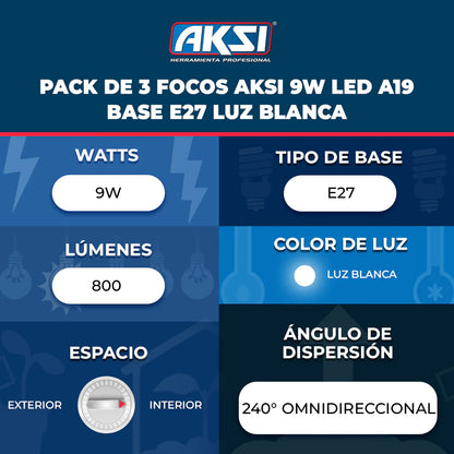 Pack 3 Focos LED Aksi A19 Luz Blanca 9W