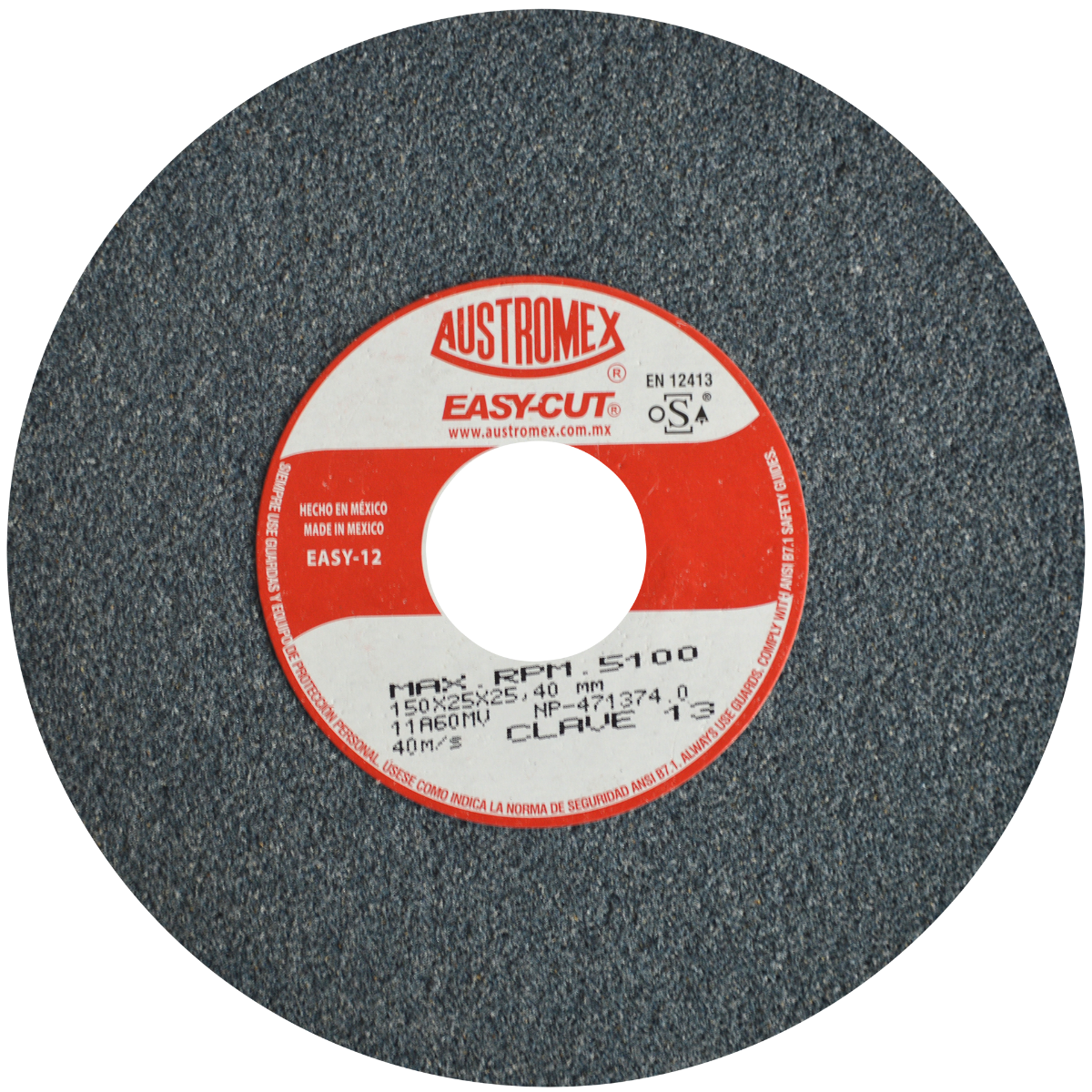 Rueda Abrasiva Austromex Tipo RT 1 Grano 60, 150 x 25 x 25.4 mm