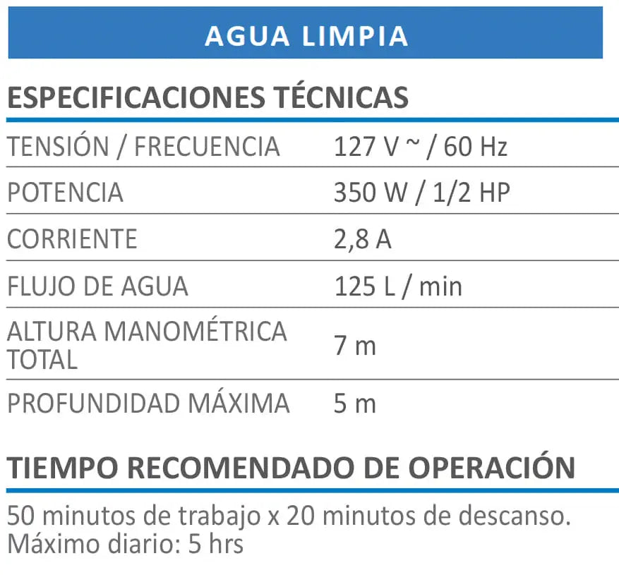 Bomba sumergible agua limpia 1/2HP - PRO AKSI - Aksi - accesorios