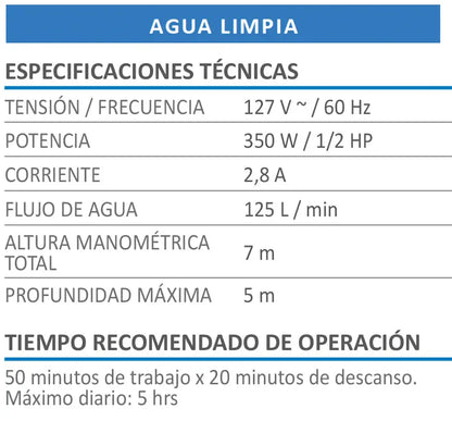 Bomba sumergible agua limpia 1/2HP - PRO AKSI - Aksi - accesorios