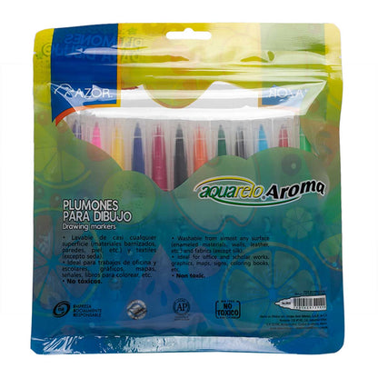 Plumones Azor Aquarelo Aroma Lavables Base Agua 12 Piezas