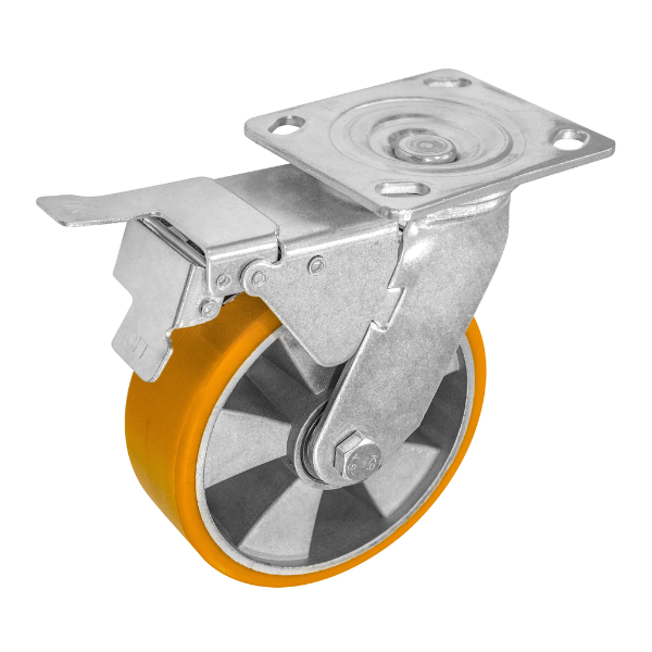 Rodaja Aluminio PU Naranja Giratoria con Freno 6"