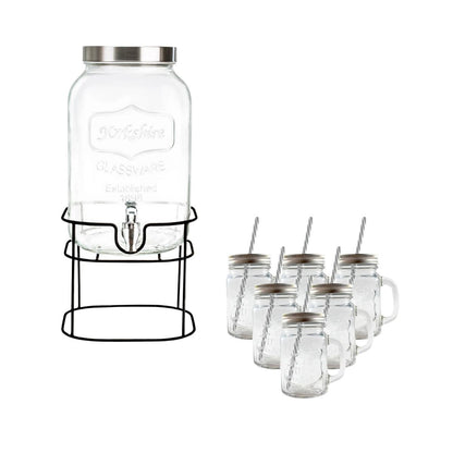 Kit Vitrolero 5 lt + 6 Tarros Mason Jar Asa Tapa Plata