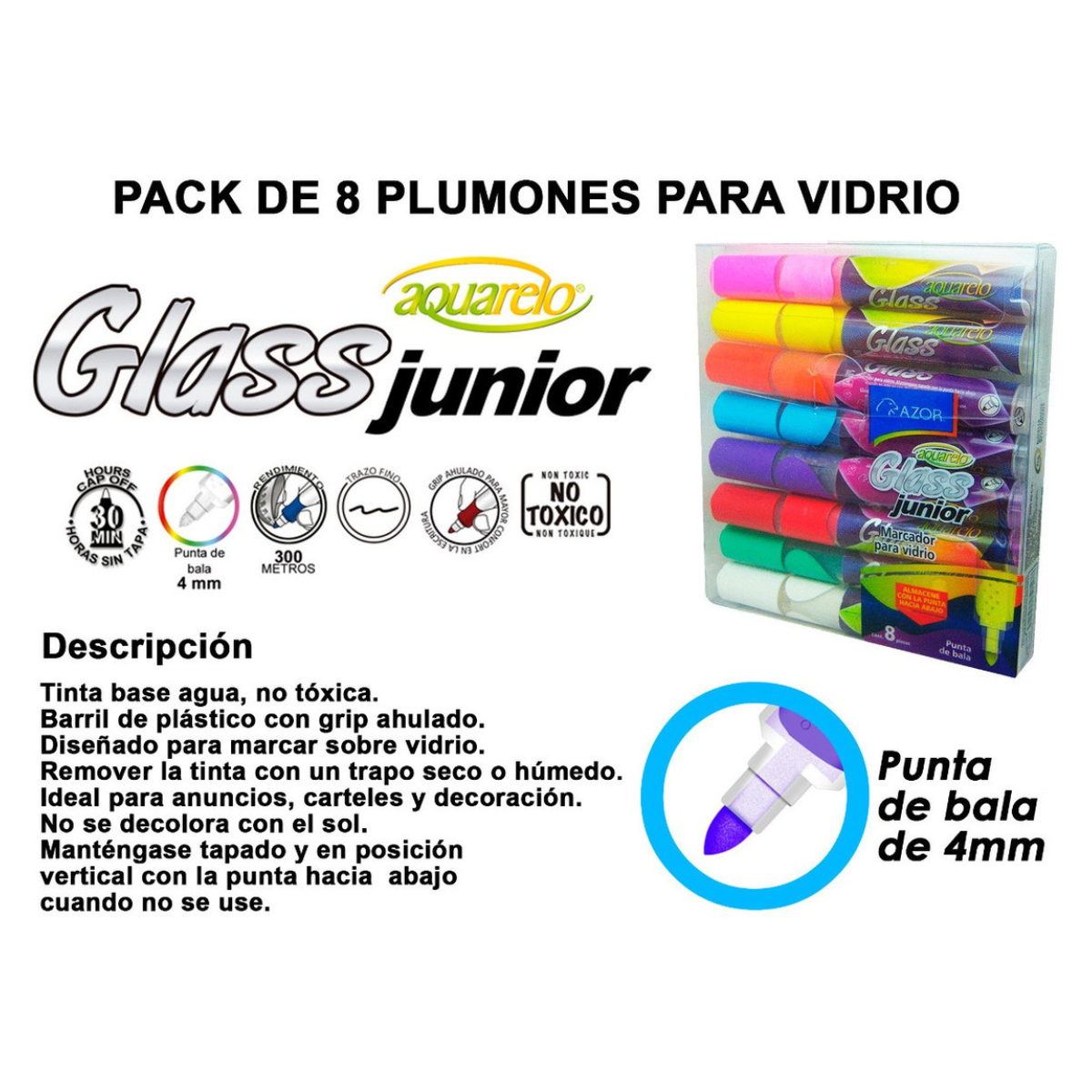 Marcadores Azor Vidrio Cristal Aquarelo Glass 8 Piezas
