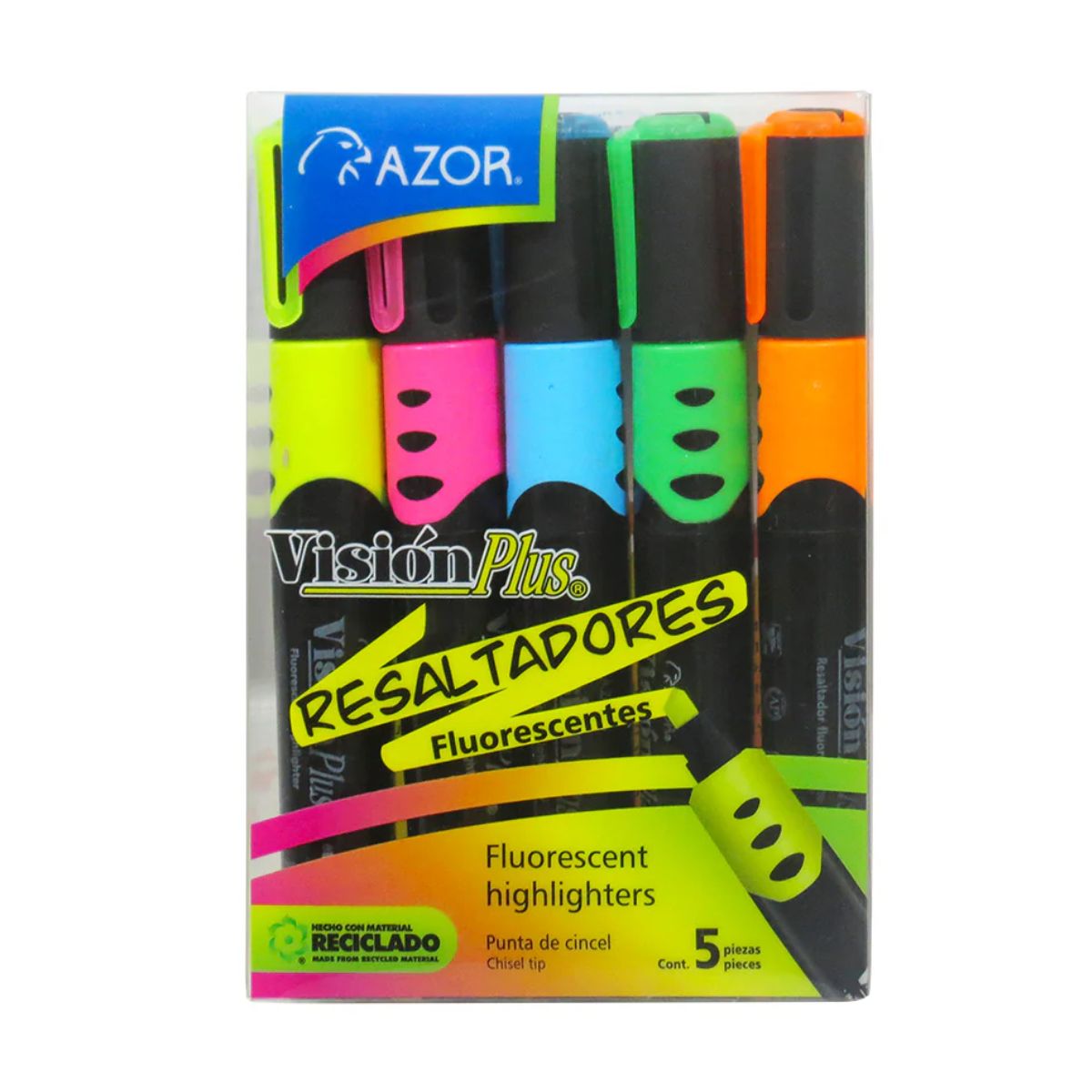 5 Marcatextos Colores Fluorescente Cincel Azor Vision Plus