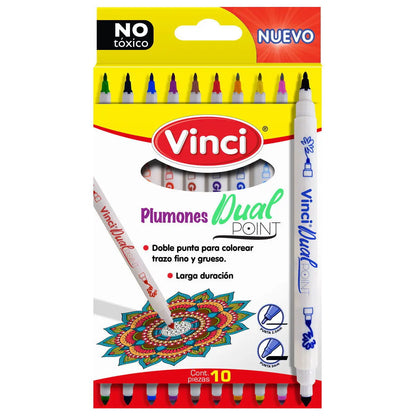 Marcador Plumón Doble Punta Vinci Trazo Fino Y Grueso Set 10 Piezas - Marchante MX