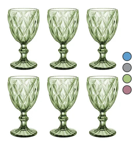 Juego 6 Copas Vino Agua Cristal Labrado Vidrio Colores 245ml Elegir Color - MarchanteMX