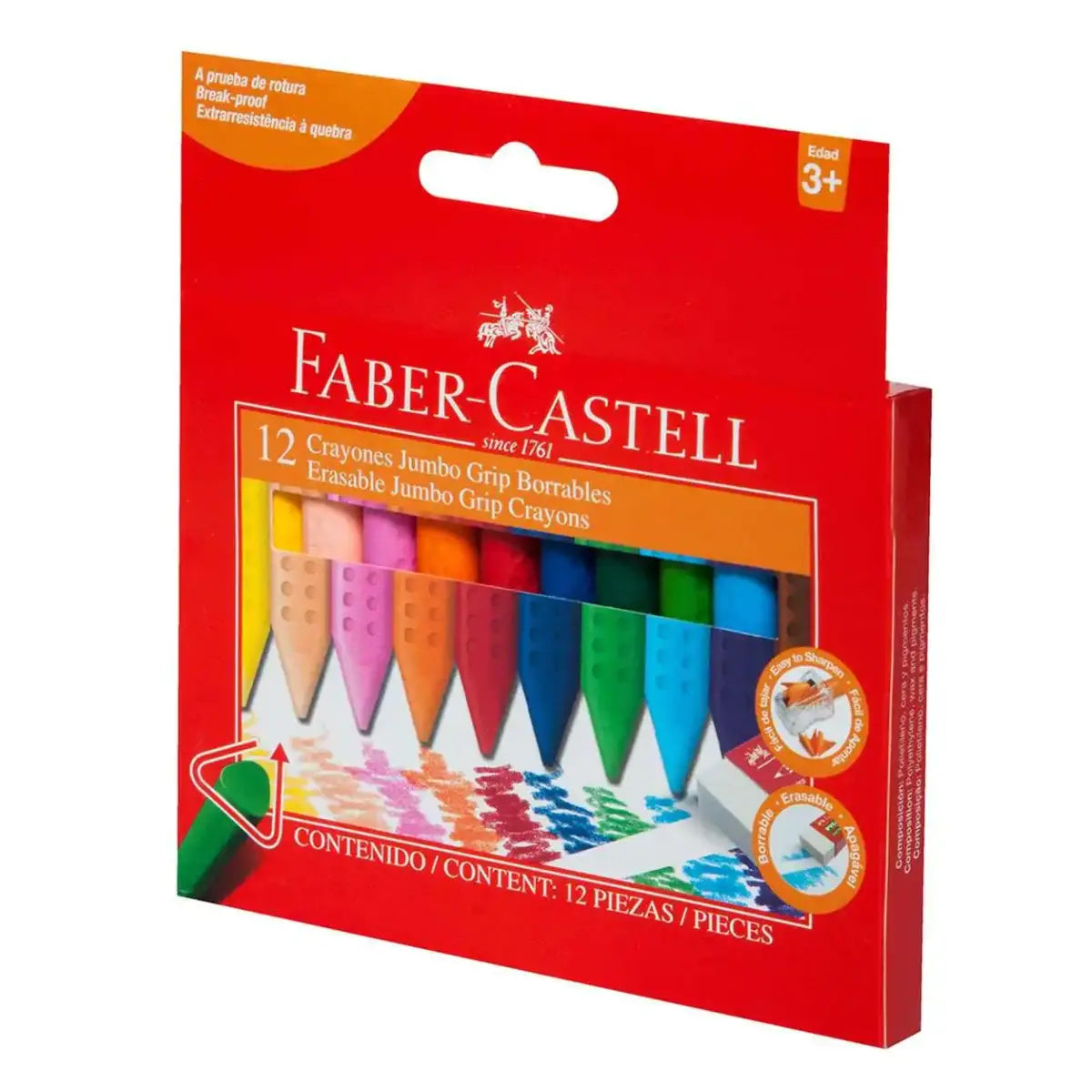 Crayones Jumbo Borrable Faber Castell Grip Triangular 12 Pz - Faber Castell - empaque