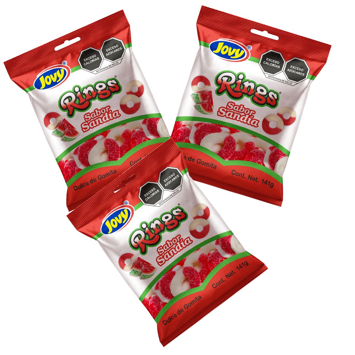 3 Pack Gomitas Aros Sabor Sandia Jovy Rings Aciditas 1kg C/u