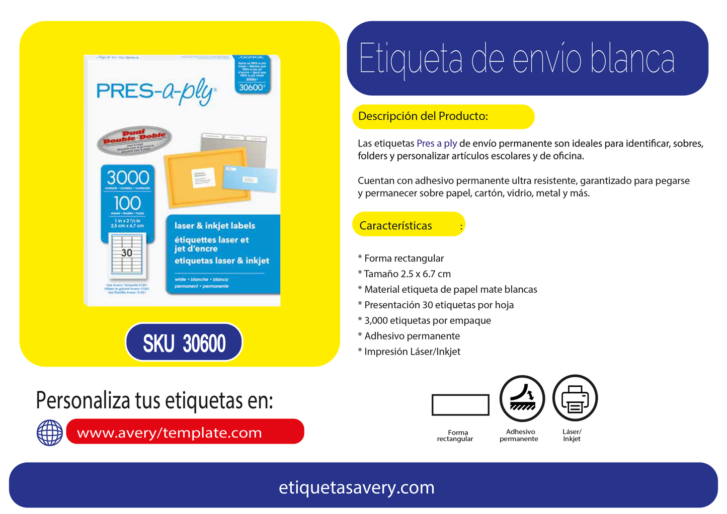 3000 Etiqueta Envio Permanente Avery Blanca Impresion Laser