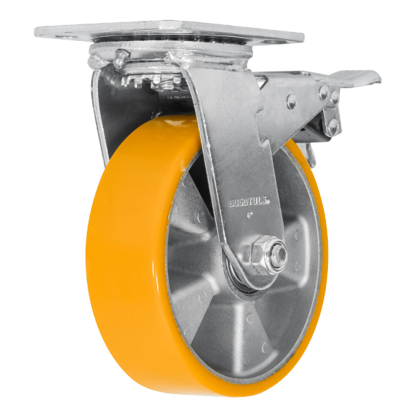 Rodaja Aluminio PU Naranja Giratoria con Freno 6"