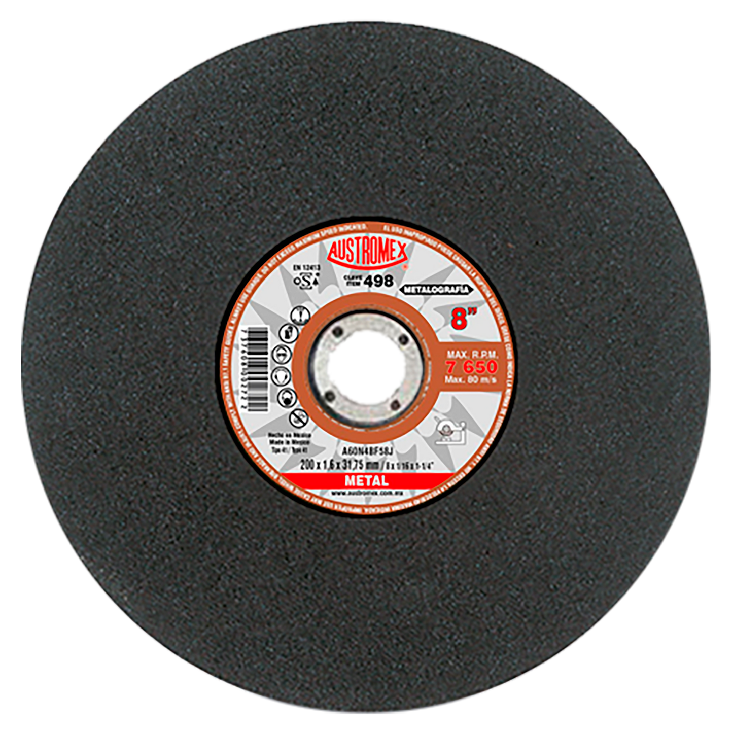 Disco Abrasivo Corte Pruebas Metalográficas Austromex, de 200 x 1.6 x 31.75 mm