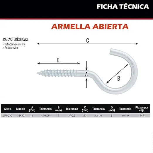Pack 288pz Armella Abierta Acero Dogotuls Acabado Zinc 15x30 - Dogotuls - vista lateral