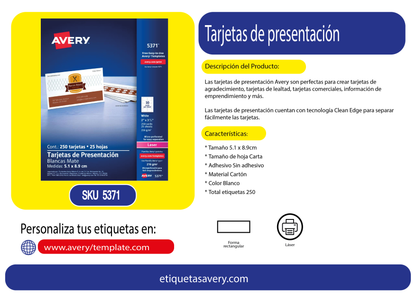 250pz Tarjeta Presentacion Avery Blanca Laser 5.1 X 8.9 Cm