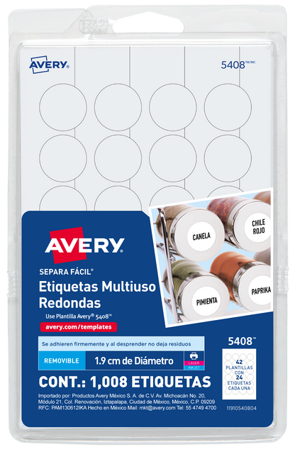 1008 Etiquetas Redonda Removible Avery Blanco 1.9cm Codigo - Marchante MX